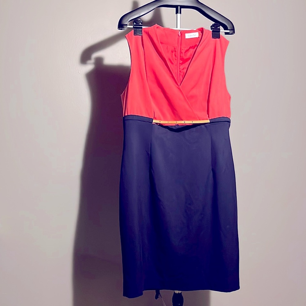 Calvin Klein pink and navy dress with tan belt. Size 14. Gently loved.